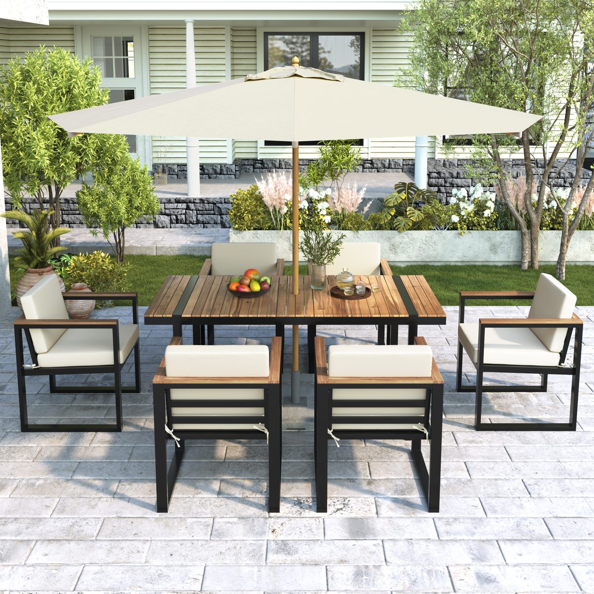 7 Pieces Outdoor Dining Set Patio Dining Table and Chair Set with and Removable Cushions for Patio, Backyard, Garden, Beige