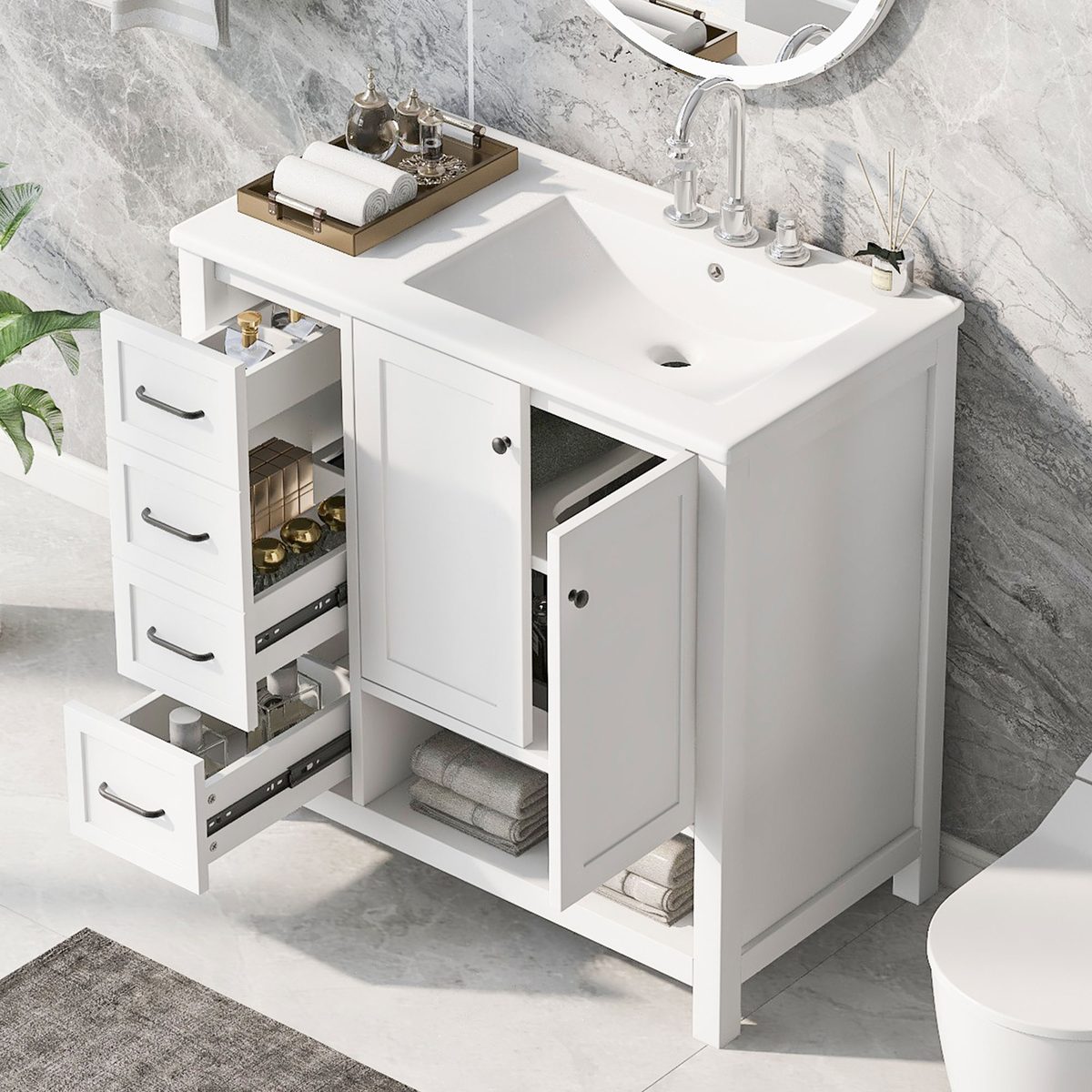 36" Bathroom Vanity with Sink Top, Bathroom Vanity Cabinet with Two Doors and Two Drawers, Solid Wood, Open shelf, MDF Boards, One Package, White (Old Sku:N725P245278K)