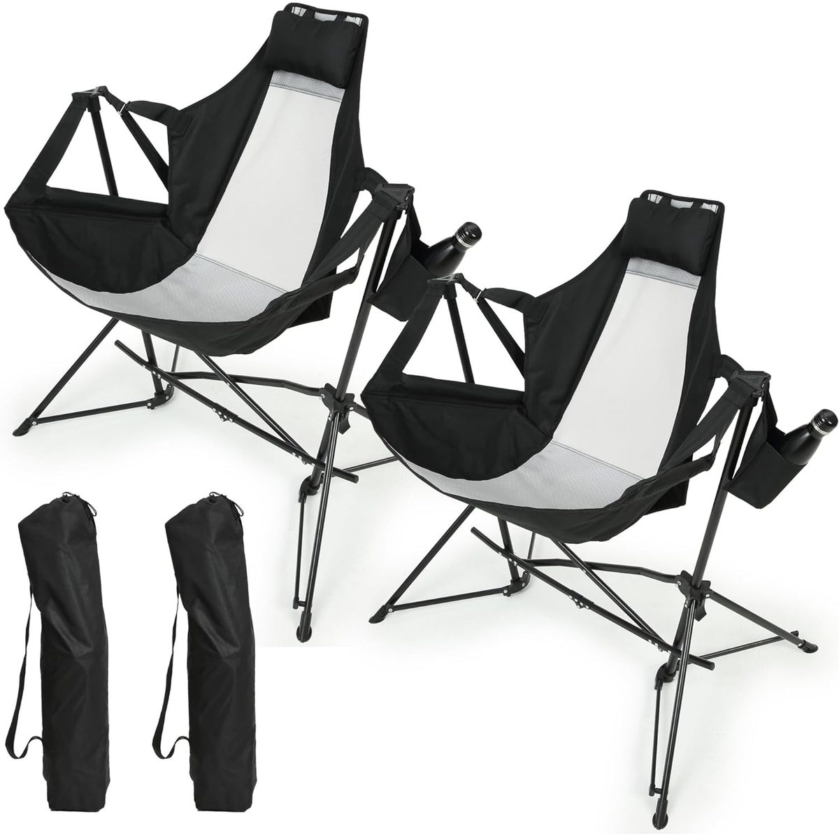 Hammock Camping Chair, Folding Portable Rocking Chair, Aluminum Alloy Adjustable Back Swinging Chair with Pillow Cup Holder, Recliner with Carry Bag for Outdoor Travel Lawn Backyard, Black  (2pcs)
